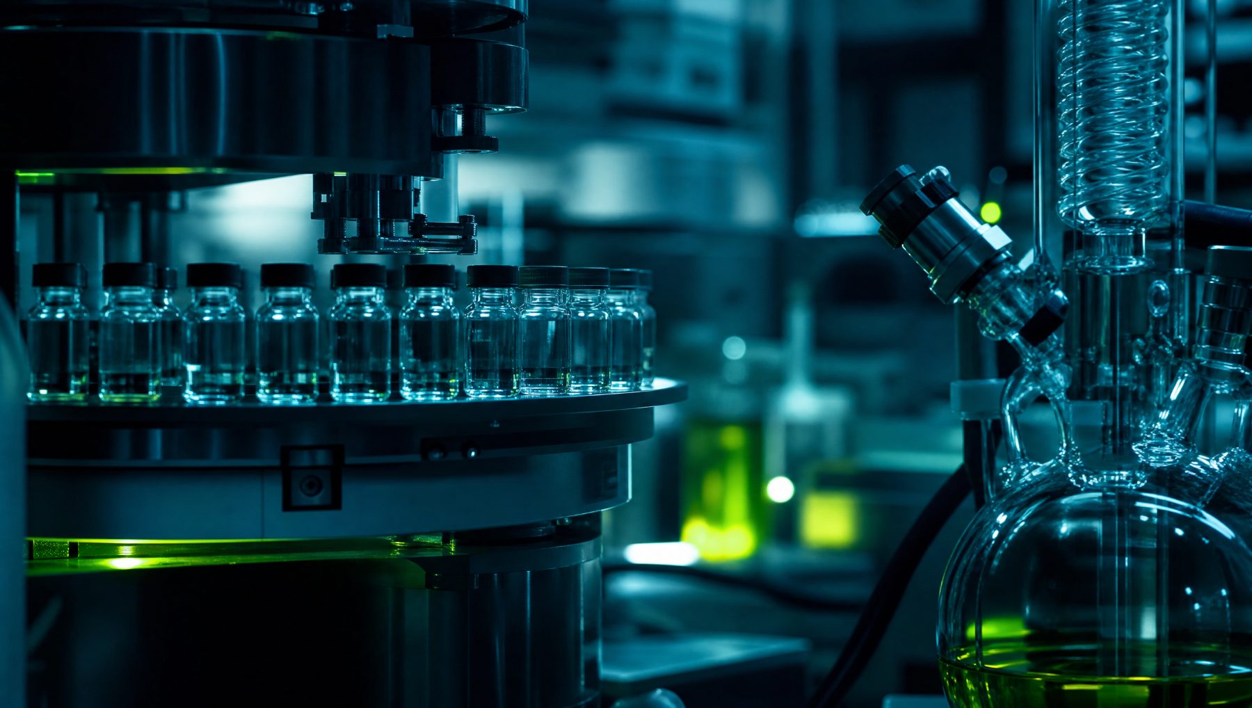 Precision analytical laboratory instrumentation: sample vials in an autosampler rack and glassware on a spectrometer bench