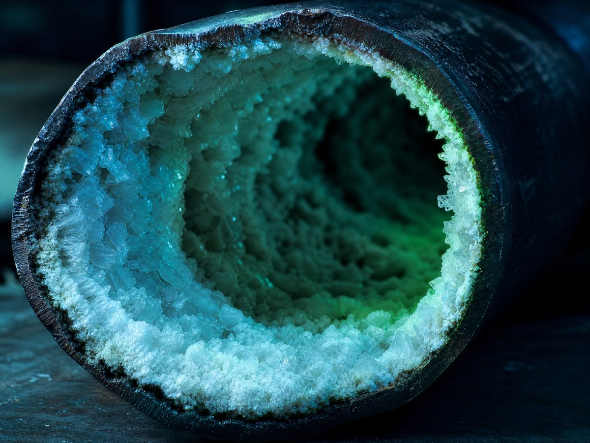 Mineral scale deposits lining the inside of a production pipeline
