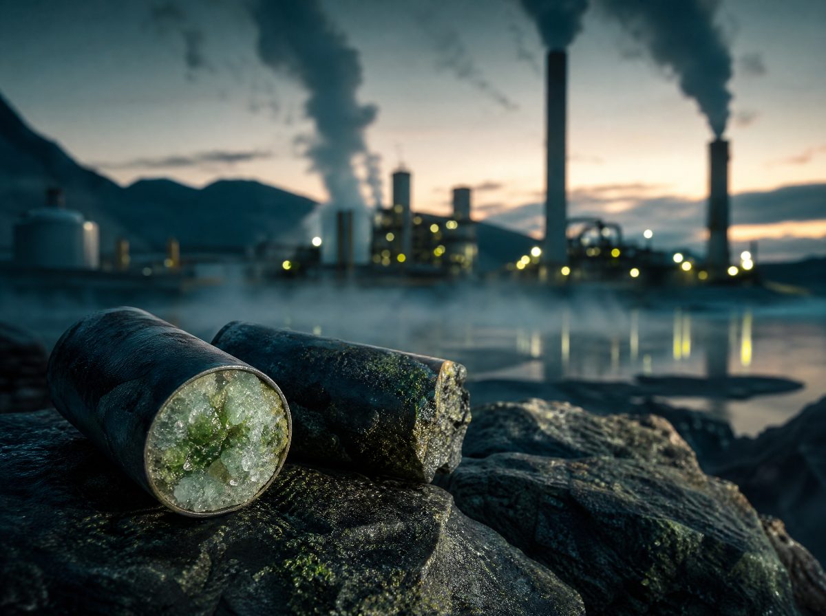 Geothermal infrastructure venting steam at dusk with mineralisation rock cores in the foreground