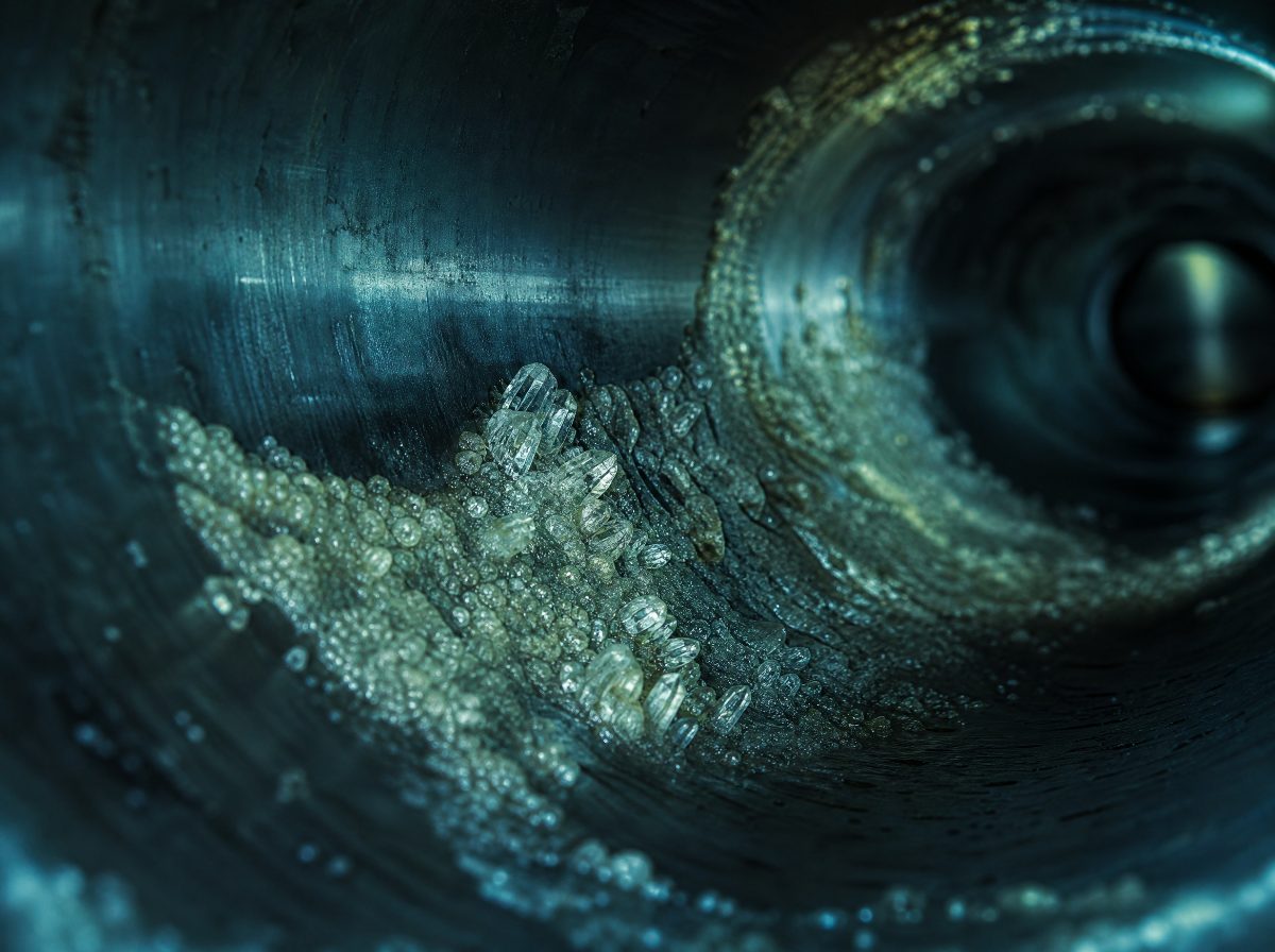 Macro view of mineral scale crystal growth on the interior wall of a production pipeline